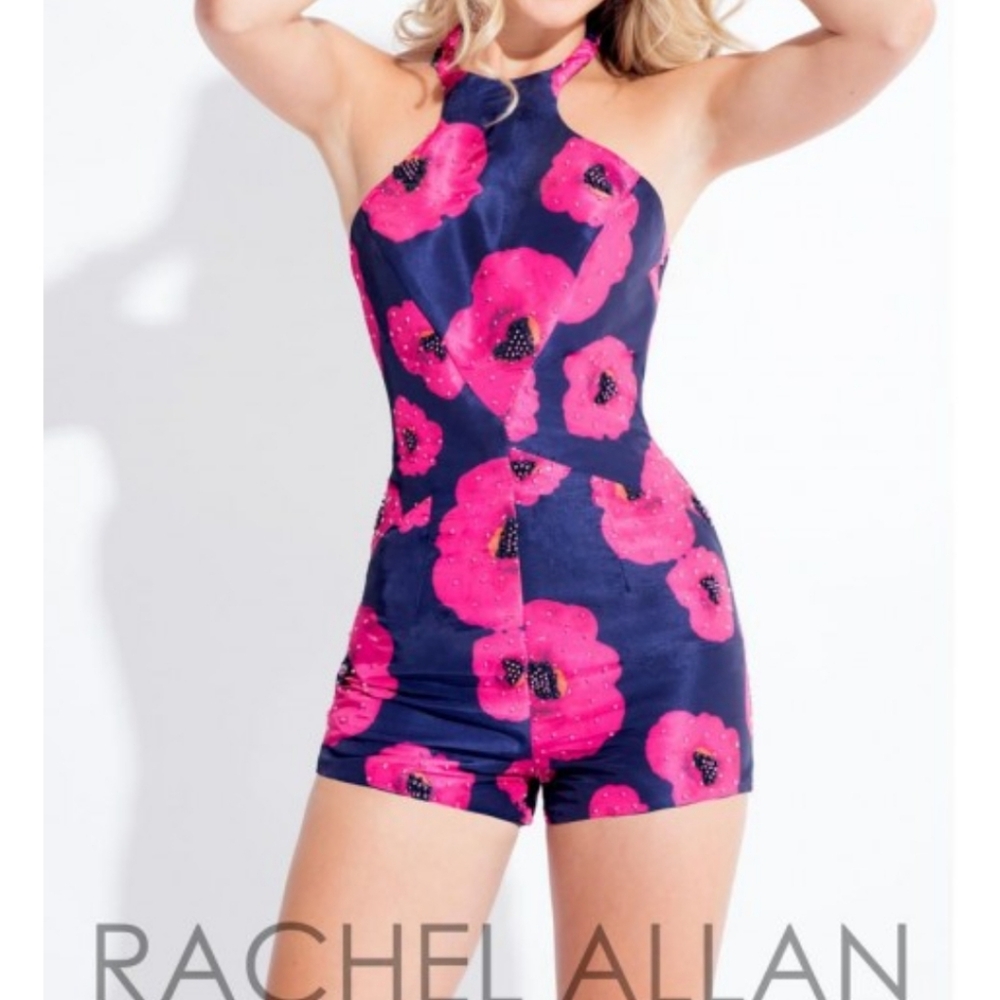 Rachel Allan Custom Beaded Romper Halter Prom Floral Print Mikado Navy Fuschia